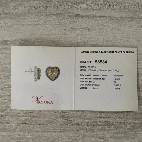 Heart-Shaped Lemon Citrine and Marcasite Sterling Silver Stud Earrings - Picture 7 of 7